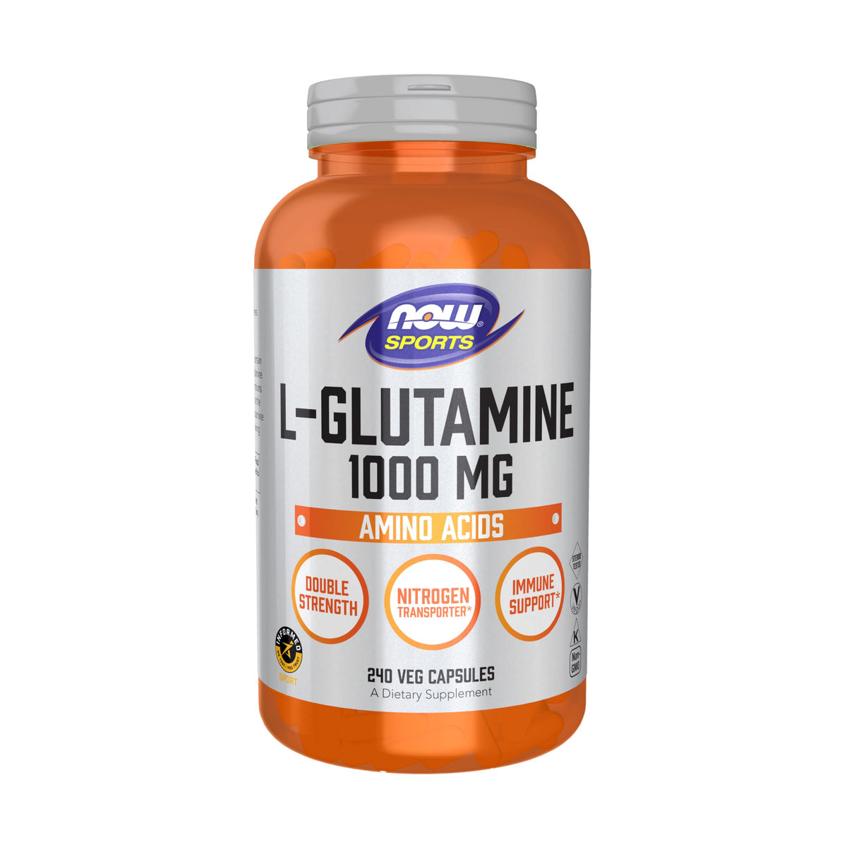 NOW Foods Glutamine, front de bouteille, soutien potentiel du métabolisme des protéines.