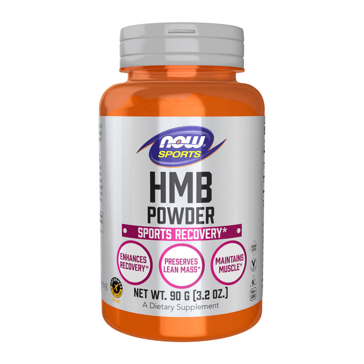 NOW Foods HMB dans son conteneur-poudre, idéal pour mélanger dans une boisson post- entraînement.