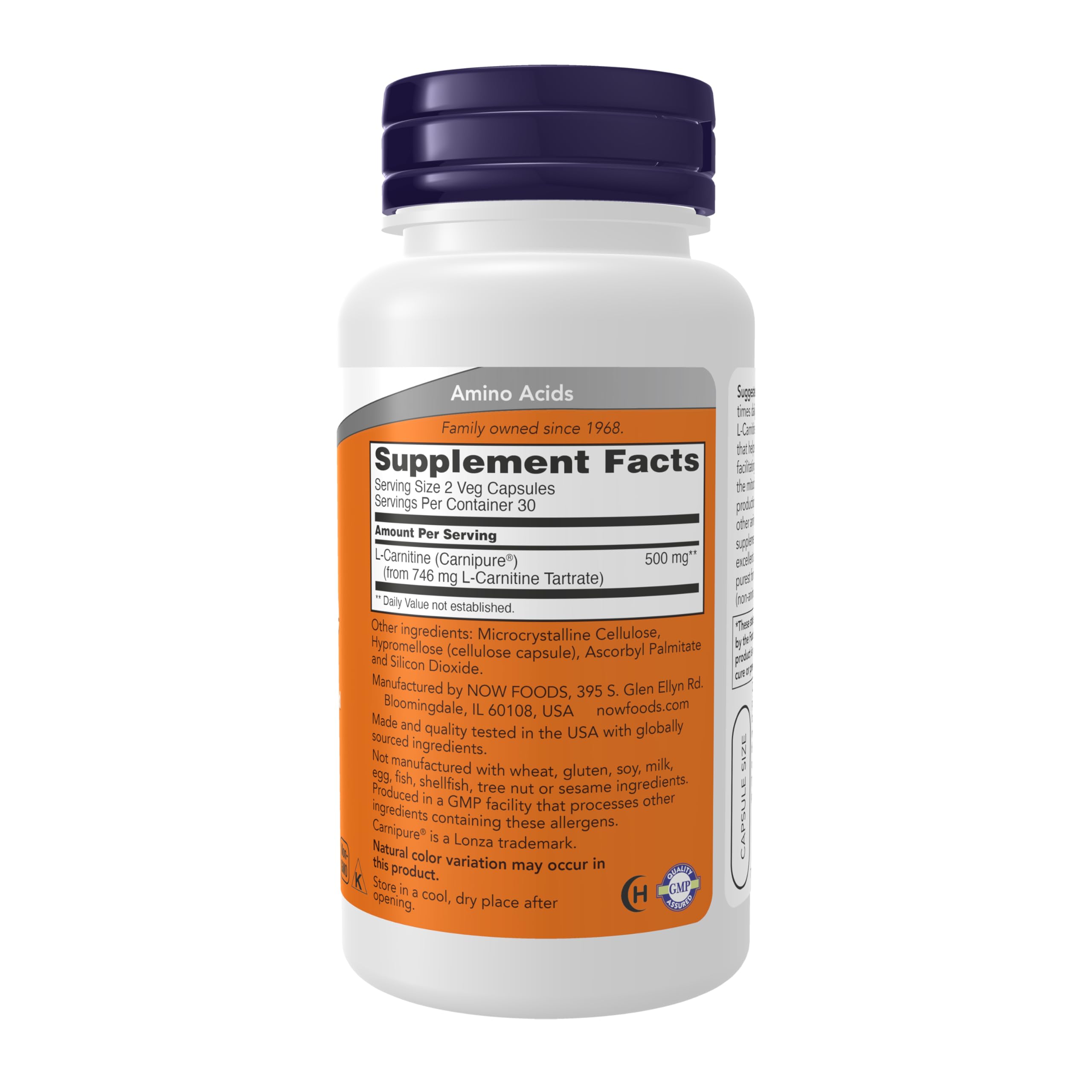 NOW Foods L-Carnitine 250 mg, gélules dans le flacon, support potentiel du métabolisme des lipides.