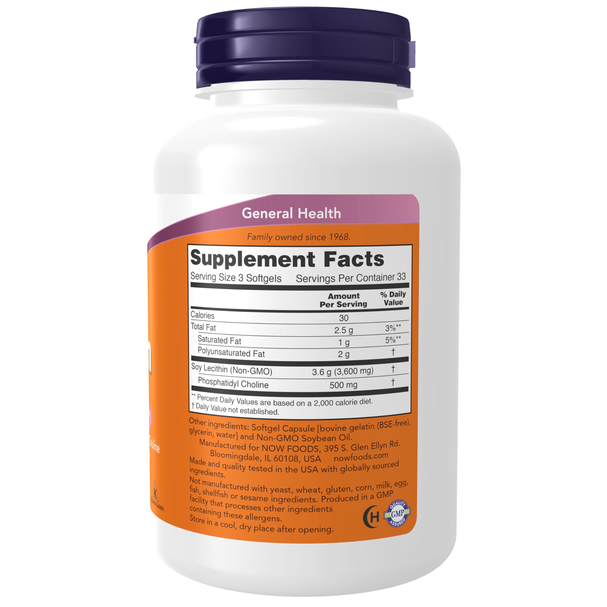 Étiquette NOW Foods Lecithin 1200 mg sur la bouteille, informations et bénéfices.