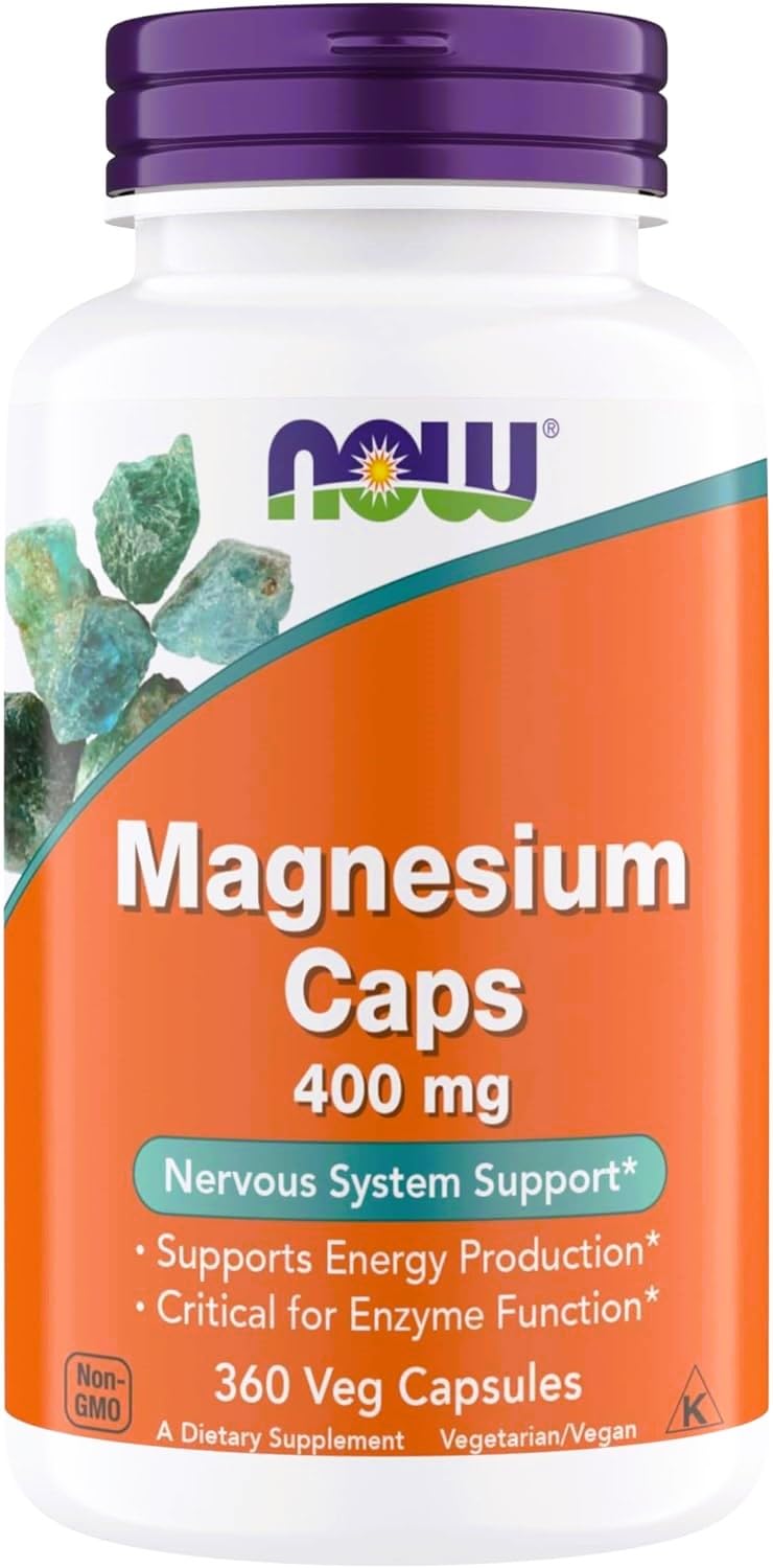 Now Foods Magnésium 400 mg capsules et emballage, soutien potentiel au métabolisme enzymatique