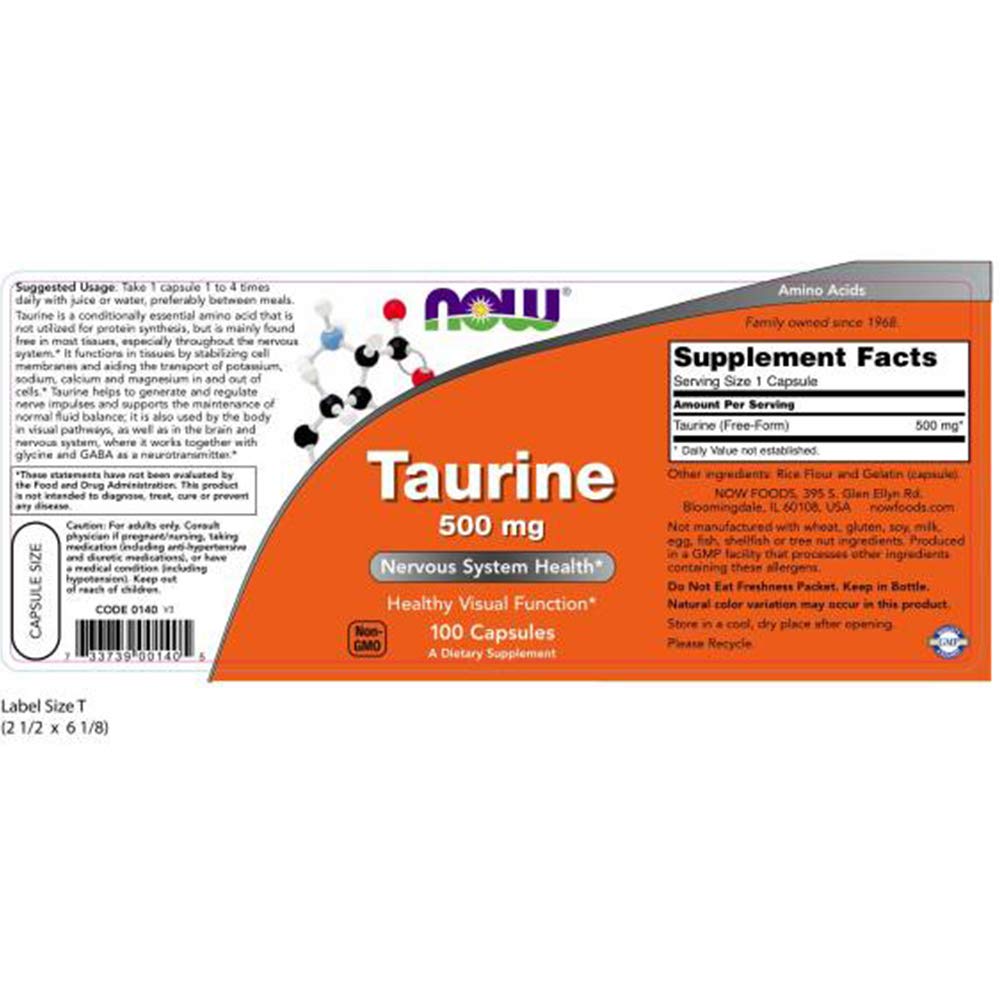 NOW Foods Taurine 500 mg - Pack de 3 boîtes, pratique pour une supplémentation régulière.