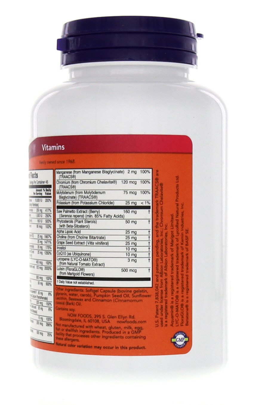 NOW Foods Adam™ – composants clefs: Saw Palmetto, stérols végétaux, Lycopène, racine d'ortie et CoQ10.