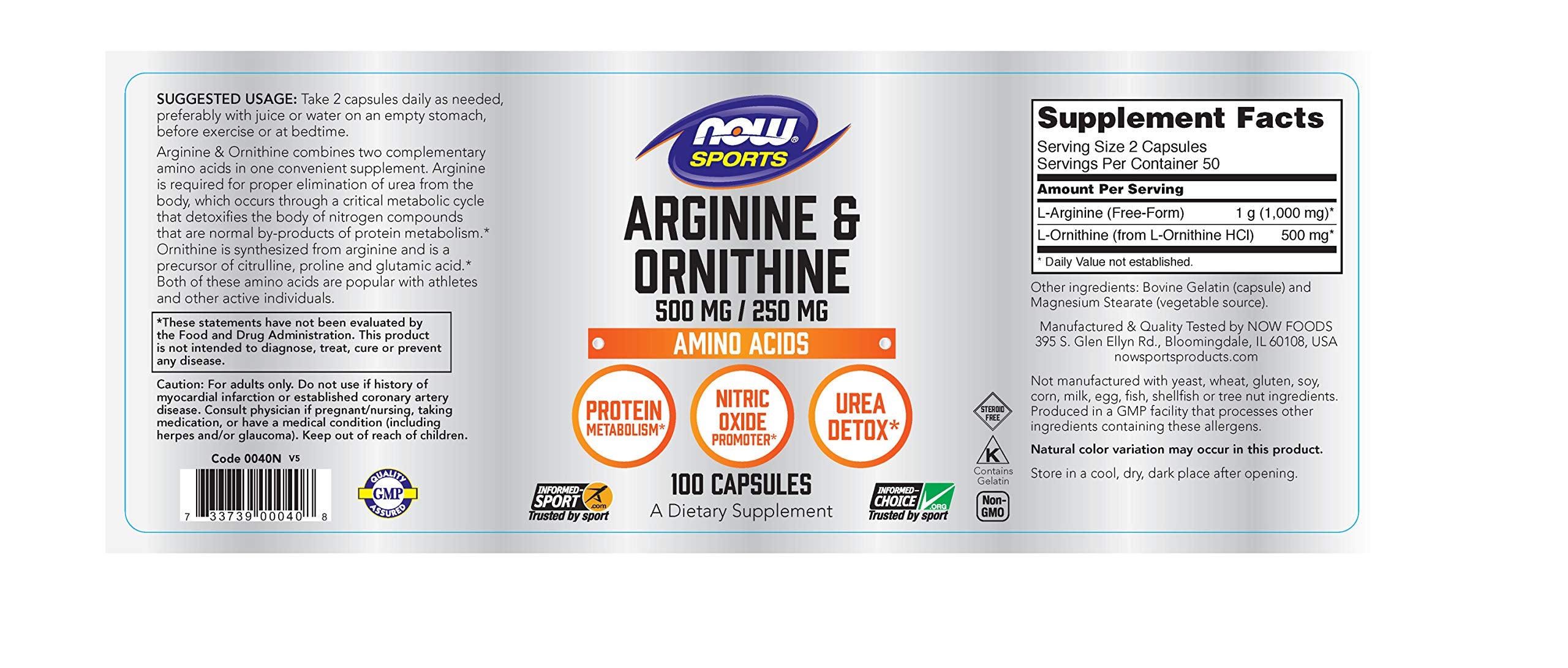 NOW Foods Arginine Ornithine, etiquette-emballage, montre l'emballage clair et les gélules faciles à prendre.