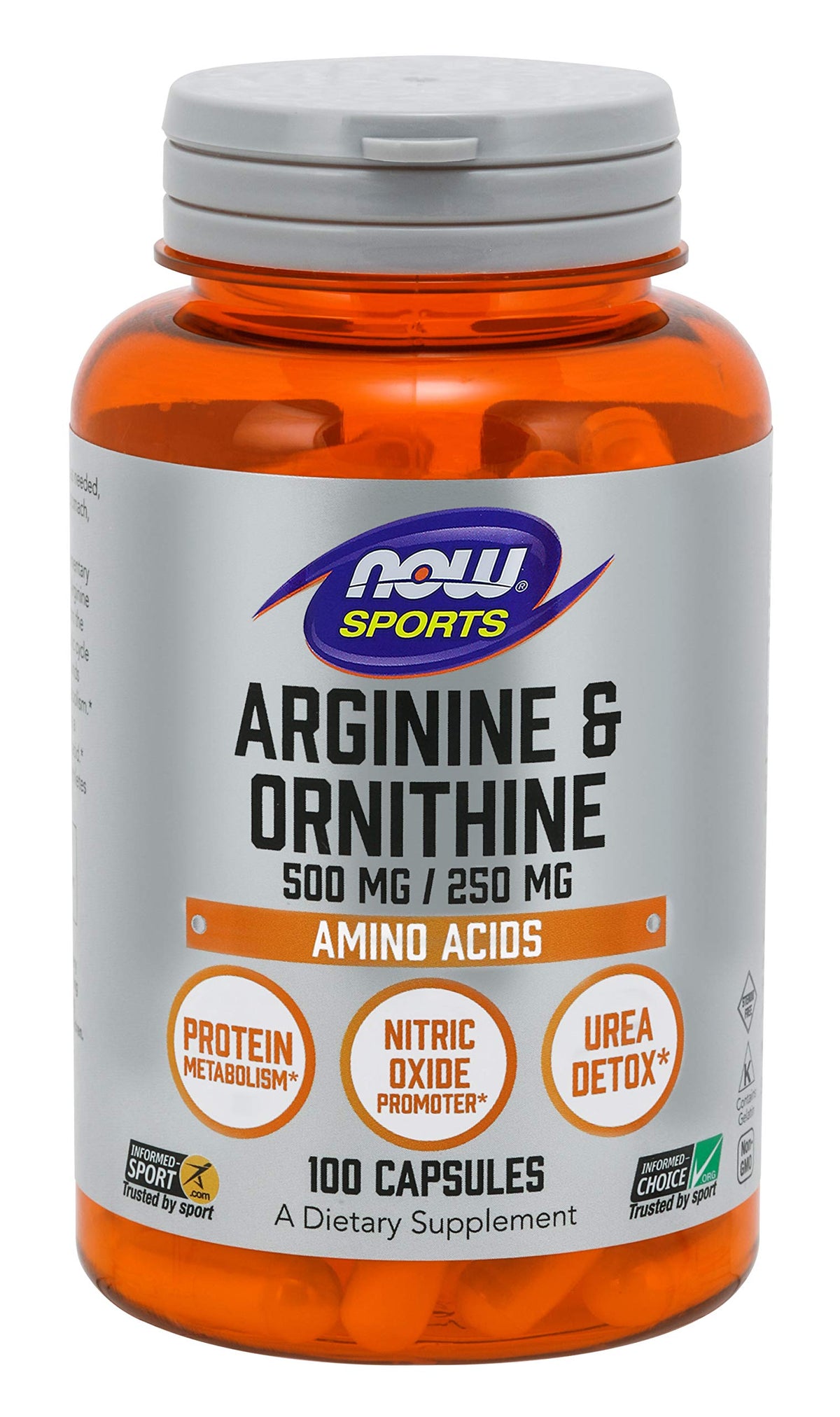 NOW Foods Arginine Ornithine, gélules en bouteille, soutient le métabolisme des protéines et la production de monoxyde d'azote.