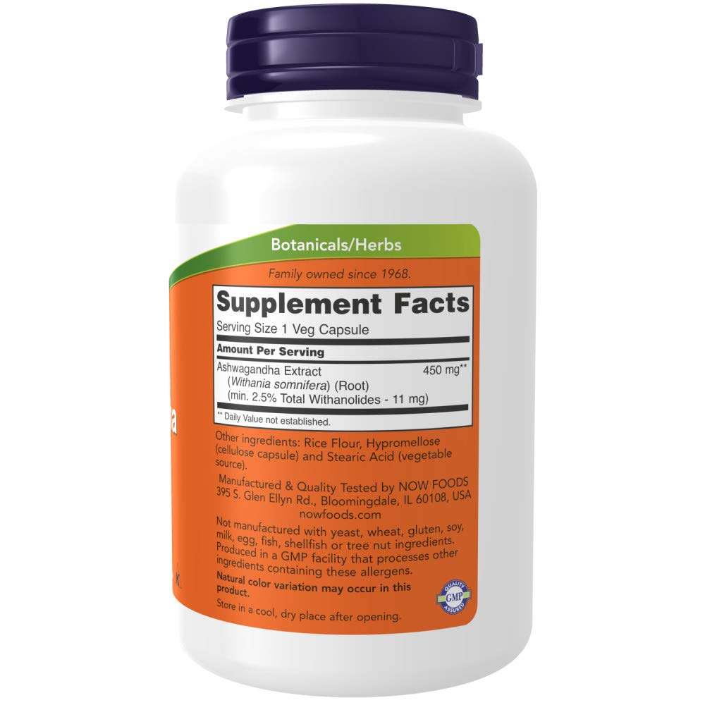 NOW Foods Ashwagandha Extrait 450 mg – bouteille pratique pour dose quotidienne.