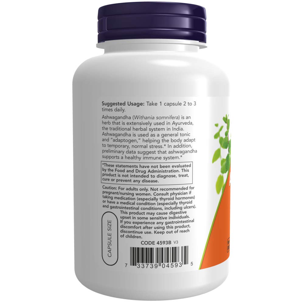 NOW Foods Ashwagandha Extrait 450 mg – étiquette et ingrédients clairs.