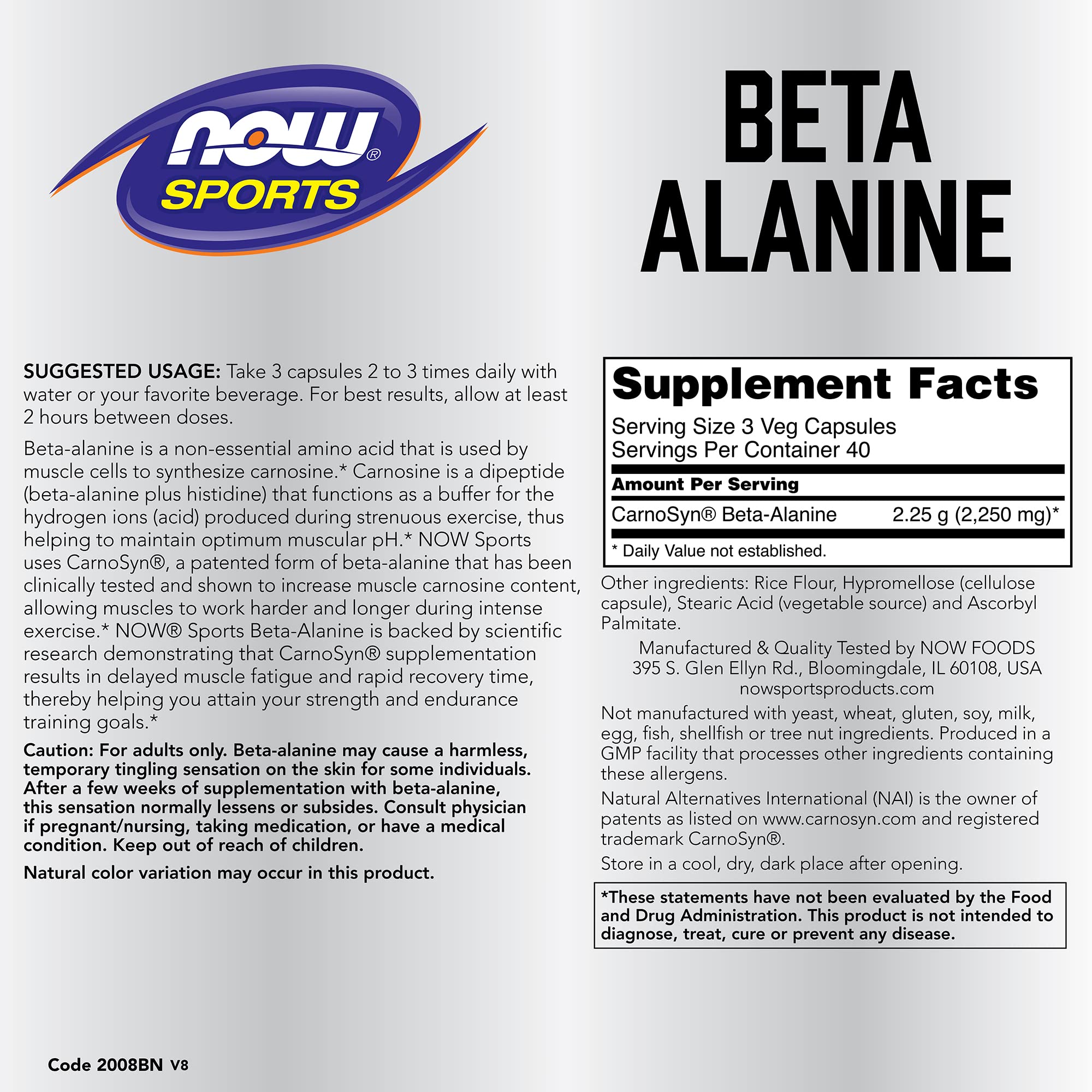 NOW Foods Beta-Alanine bouteille-ouverte : pratique pour entrainements et recuperation
