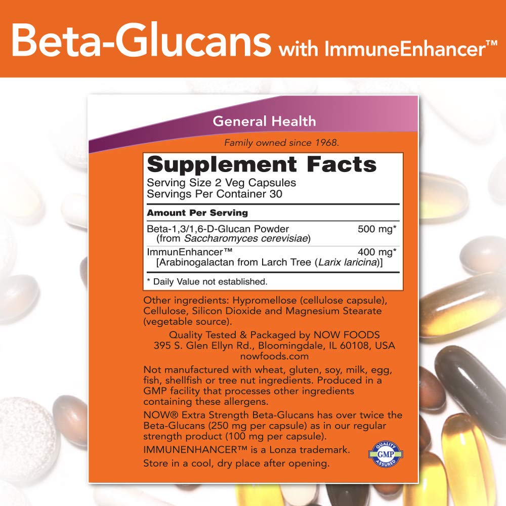 Capsules NOW Foods Beta-Glucans ImmunEnhancer empilées, format pratique pour la routine.