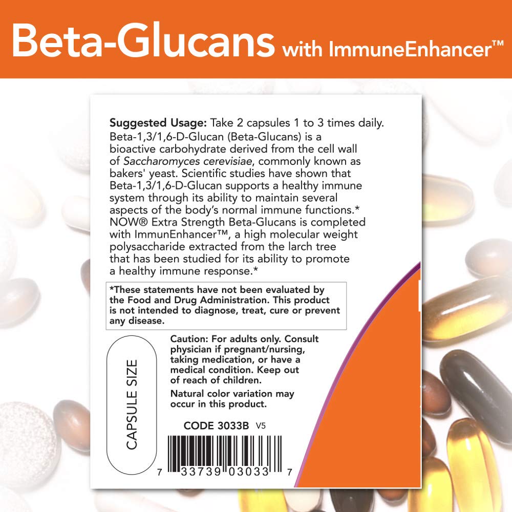 Étiquette NOW Foods Beta-Glucans ImmunEnhancer visible, emballage clair utile pour la sélection.