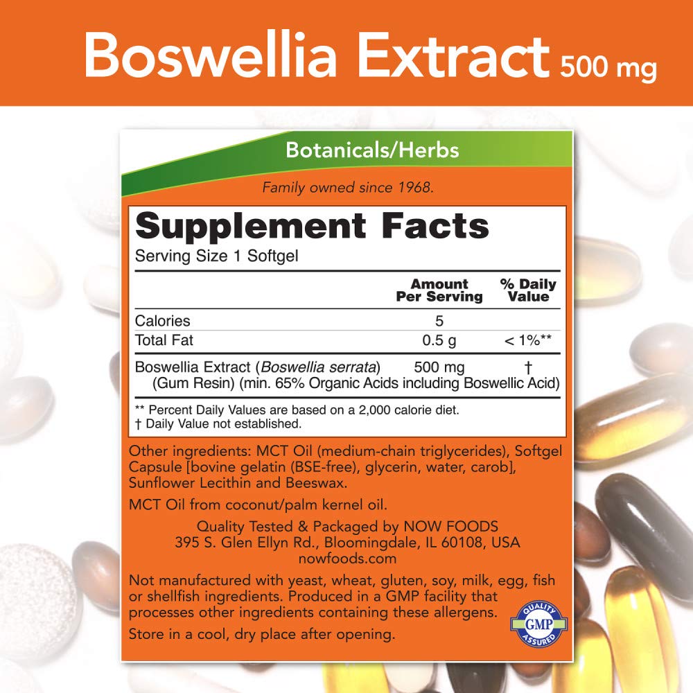 NOW Foods Boswellia Extrait 500 mg – Gélules molles dans base d'huile MCT.