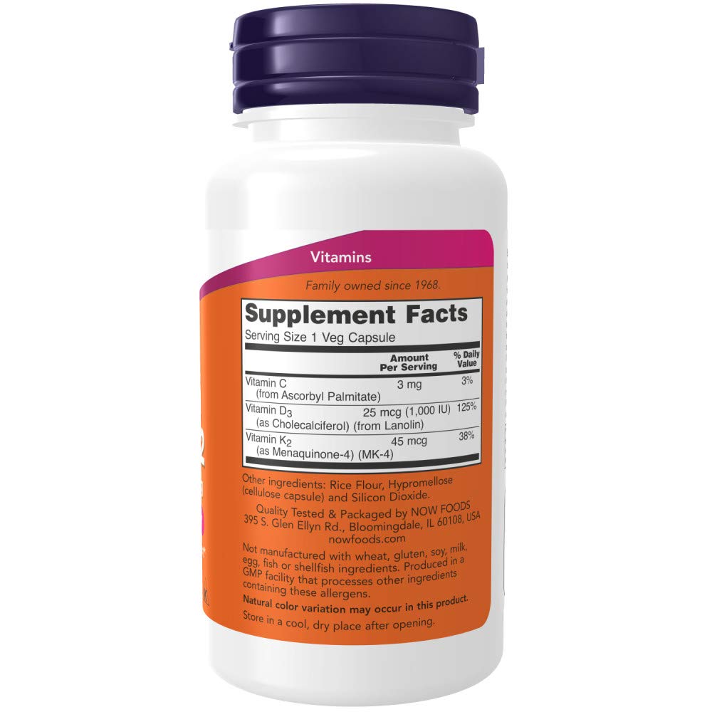 NOW Foods vitamine D3-K2, bouteille, pratique pour une routine quotidienne