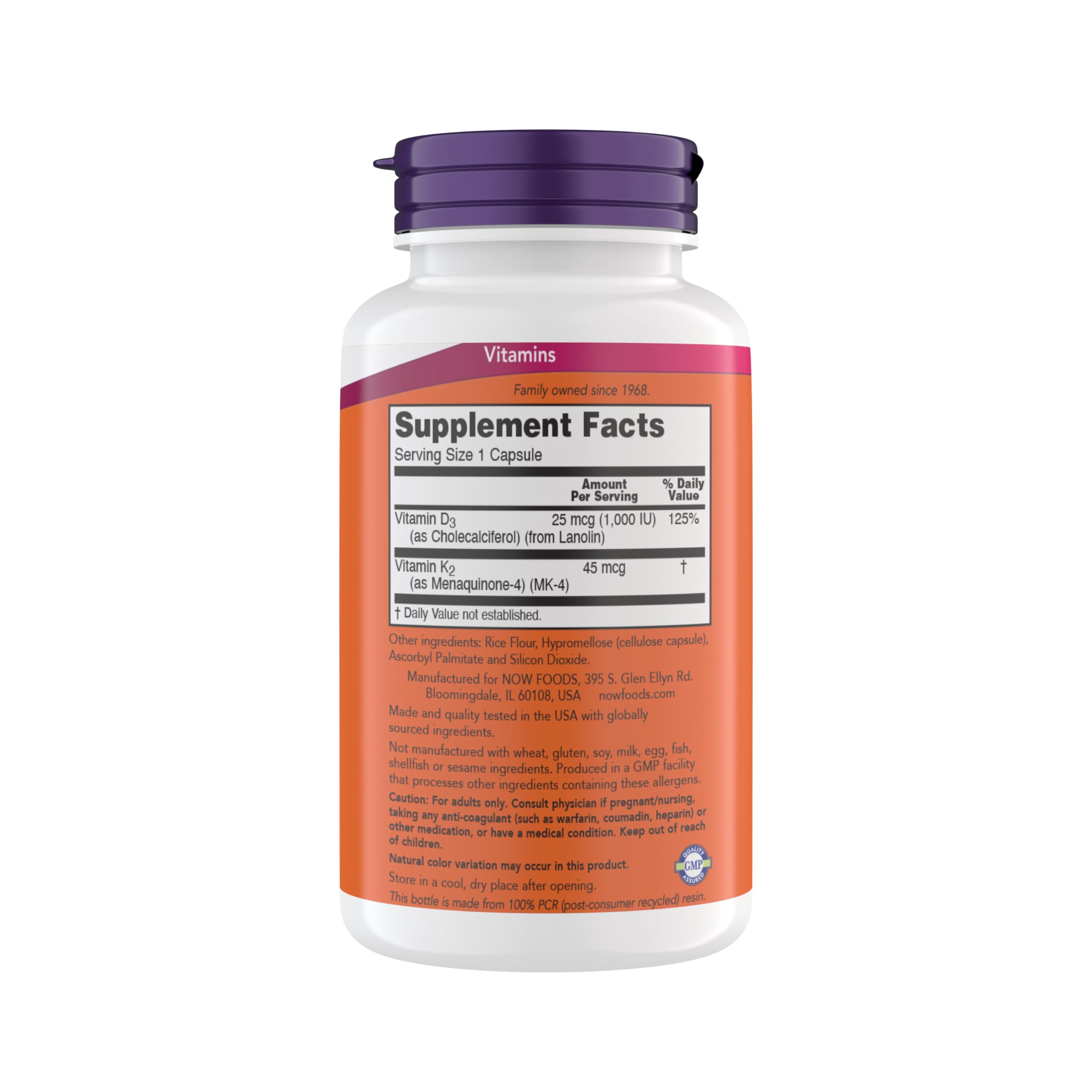 NOW Foods Vitamine D3 K2 : capsules végétales, absorption du calcium améliorée.