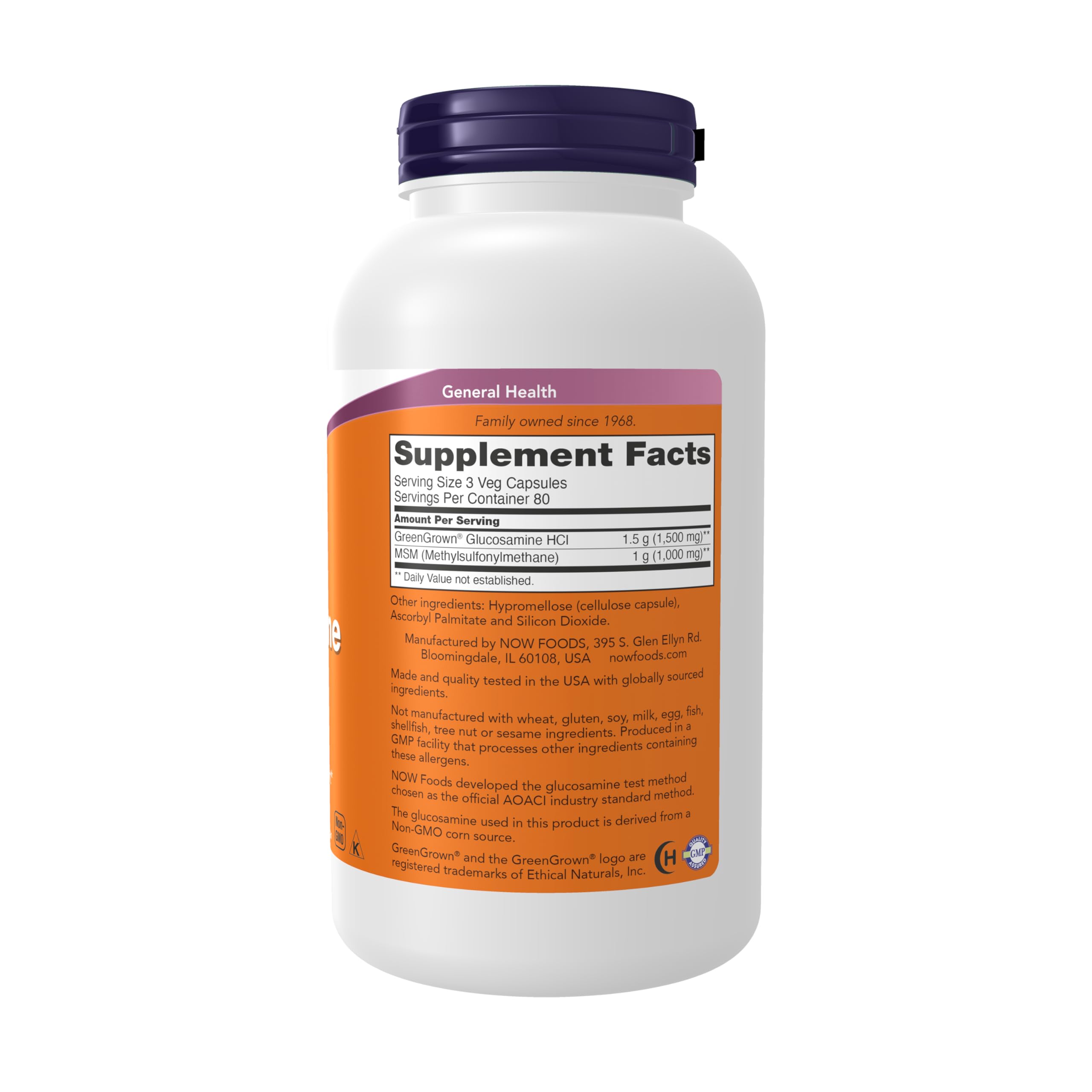 NOW Foods glucosamine MSM, emballage informatif, utile pour une routine articulaire quotidienne.
