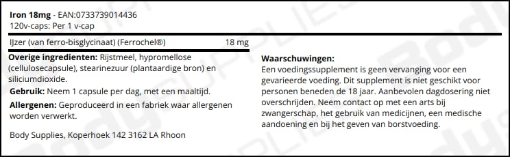 NOW Foods Fer 18 mg – Etiquette claire et conseils d'utilisation pour régimes végétariens.