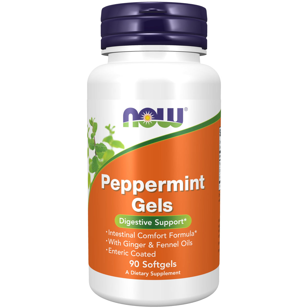 NOW Foods Gels menthe poivrée, bouteille visible pour la digestion.