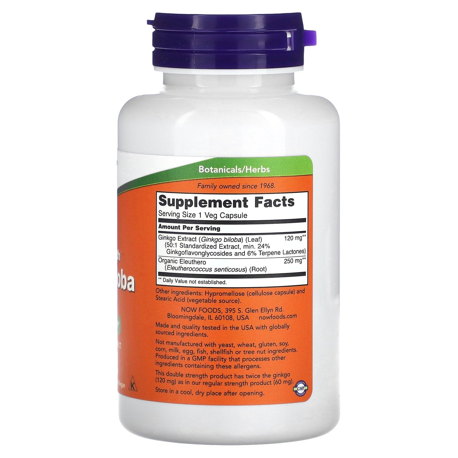 NOW Foods Ginkgo Biloba avec racine d'Éleuthéro, bouteille: formule double force et ginkgoflavonglycosides.