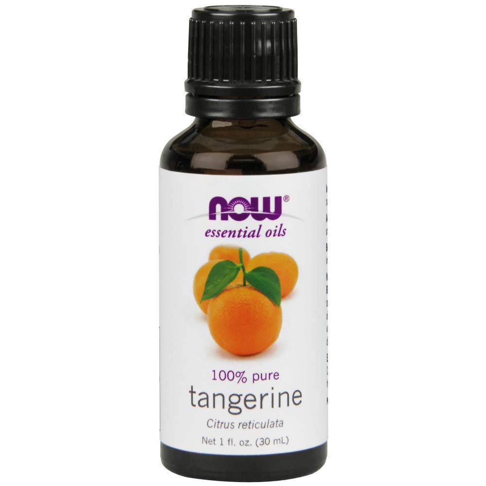 Huile de mandarine NOW Foods dans une bouteille, parfum frais et vivifiant.
