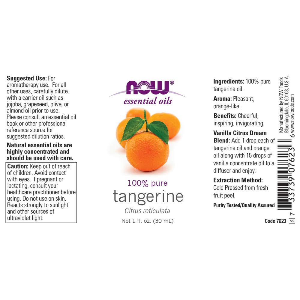 Flacon ambré NOW Foods huile mandarine, conservation protégée.