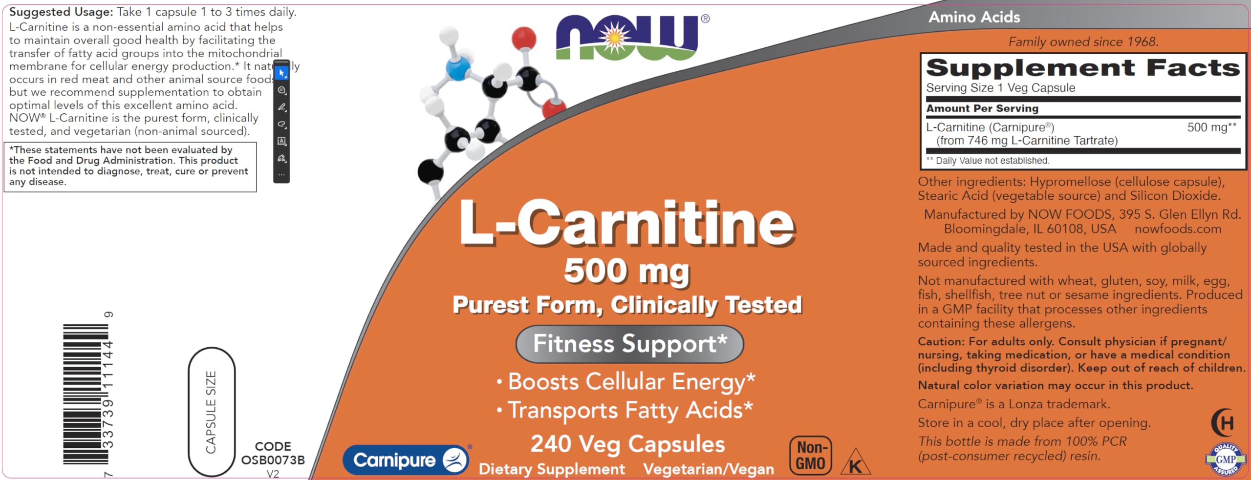 Bouteille NOW Foods L-Carnitine 500 mg avec capsules véganes pour le quotidien.