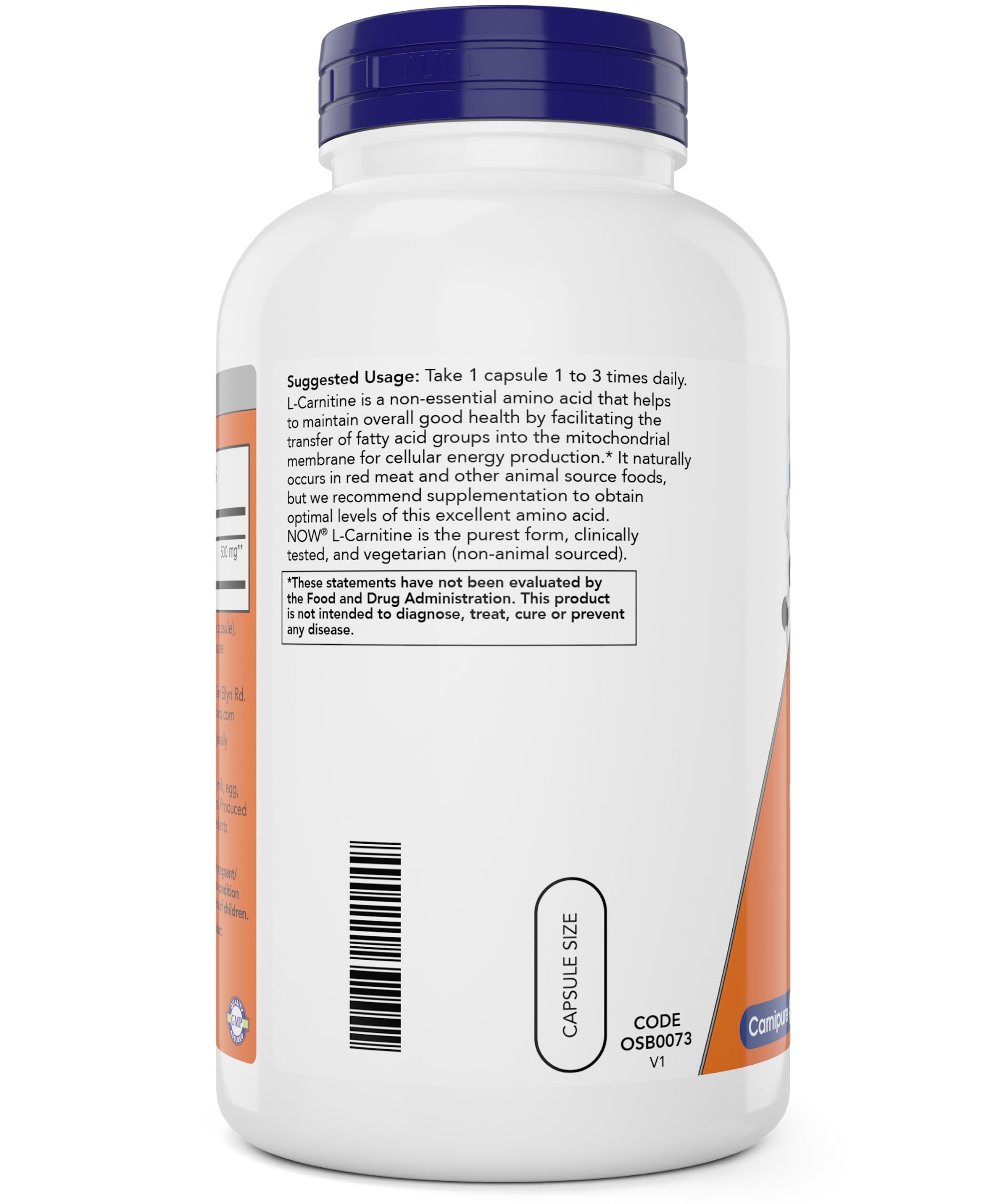 Étiquette nutritionnelle NOW Foods L-Carnitine 500 mg pour comprendre la composition.