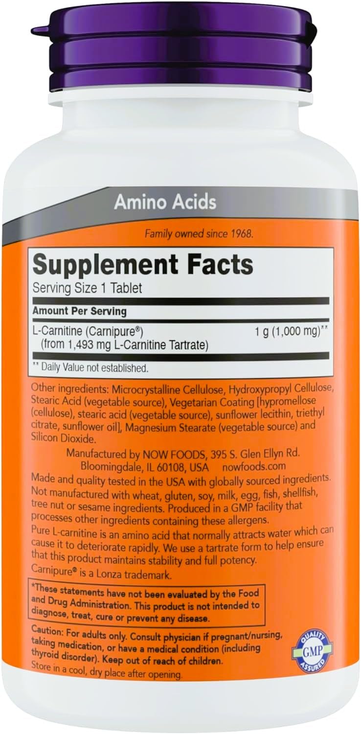 L-etiquette NOW L-Carnitine sur la bouteille, informations claires pour choisir