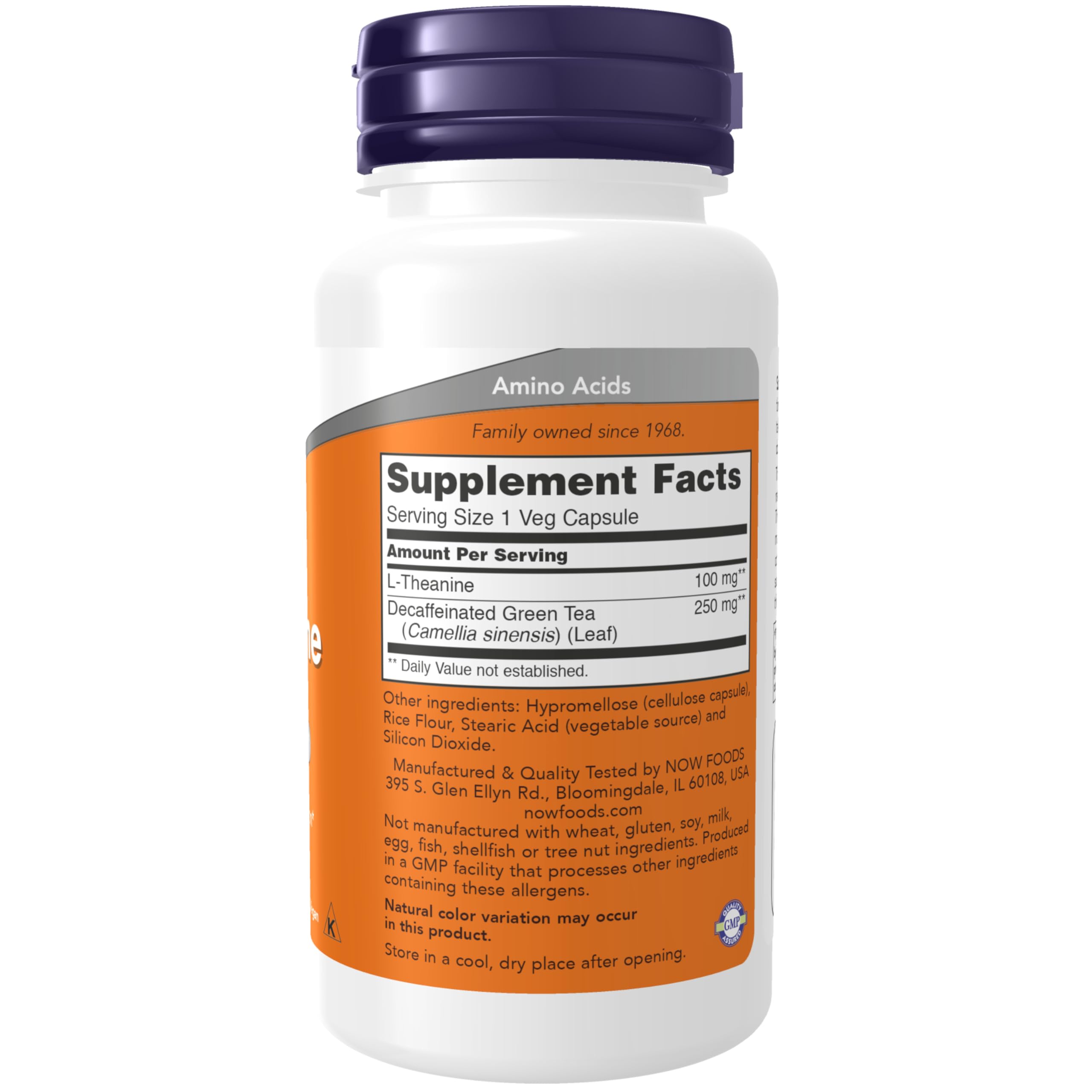 Capsules NOW Foods L-Theanine prêt à être pris pour relaxation et concentration légère.
