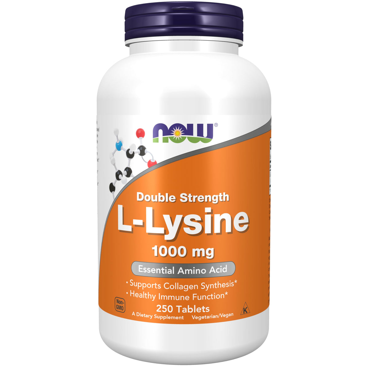 NOW Foods Lysine Hydrochloride comprimés – bouteille visible, soutien potentiel au collagène.