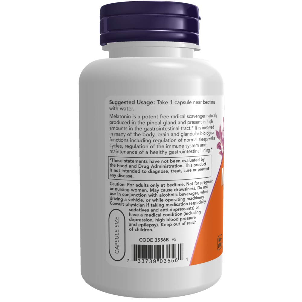 NOW Foods Mélatonine 5 mg – capsules visibles, option pratique pour la routine nocturne