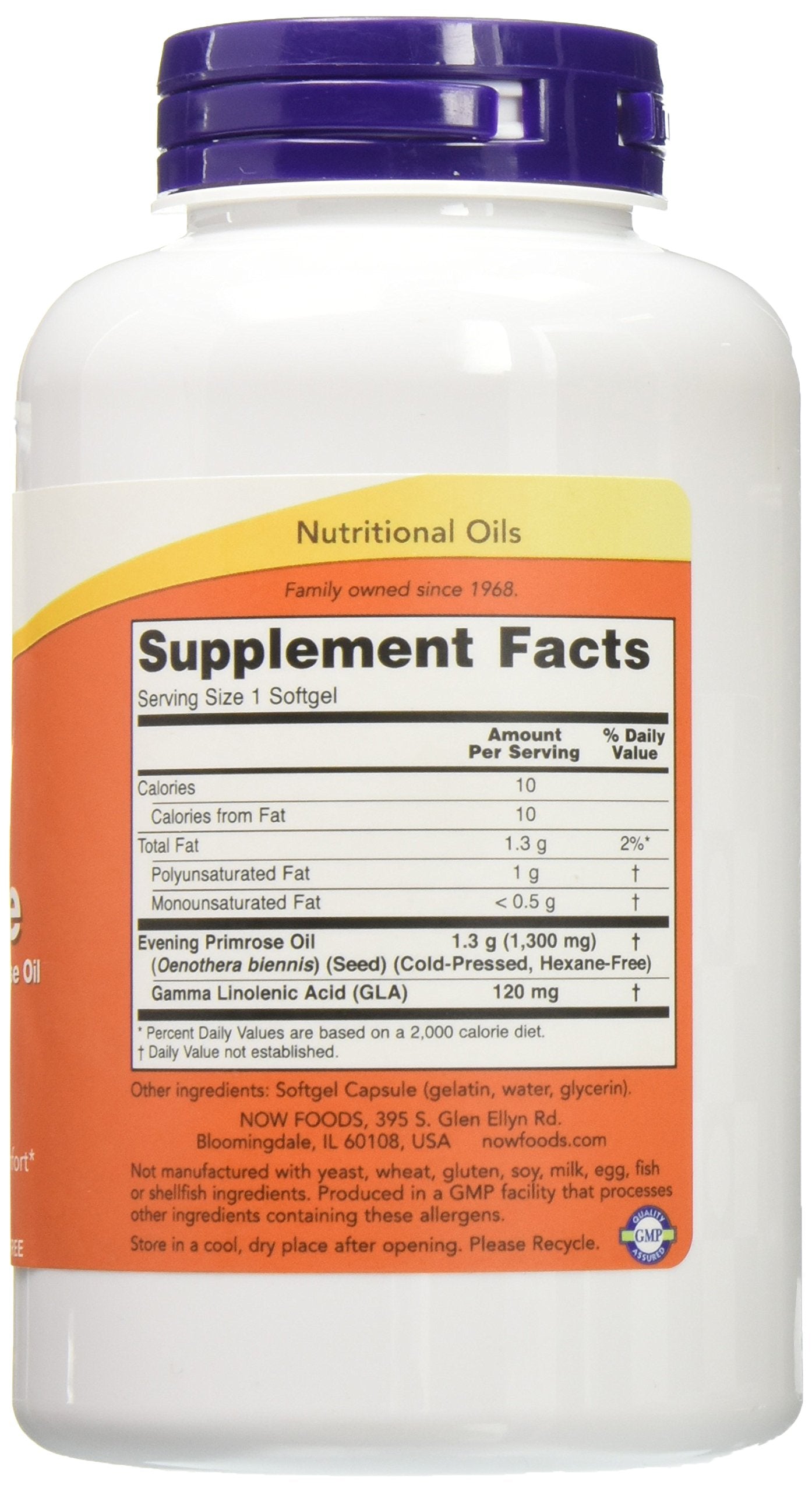 Emballage NOW Foods Primrose 1300 mg, facile à repérer sur l’étagère