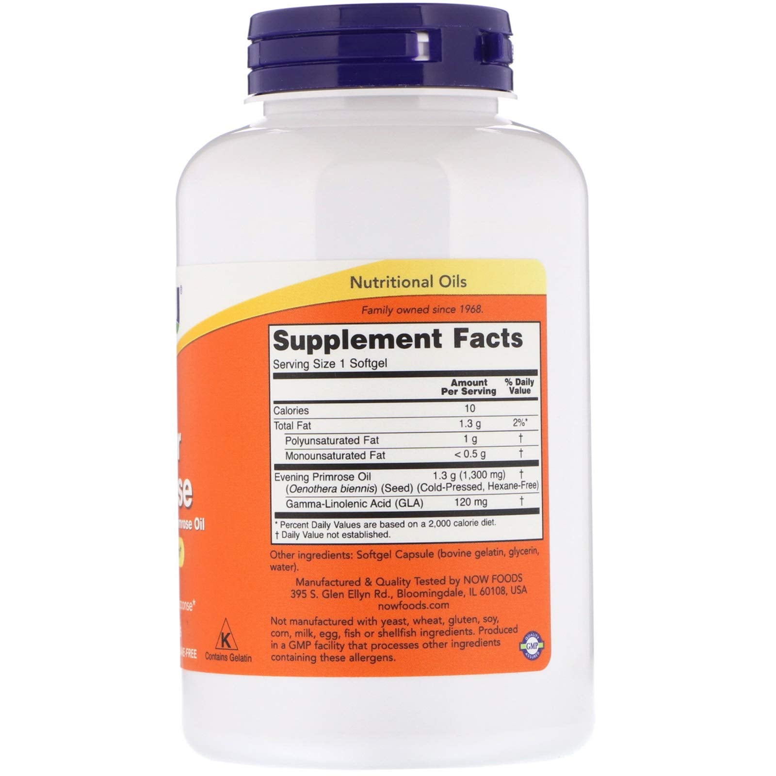 Étiquette NOW Foods Super Primrose 1300 mg, informations claires sur l’utilisation et les ingrédients