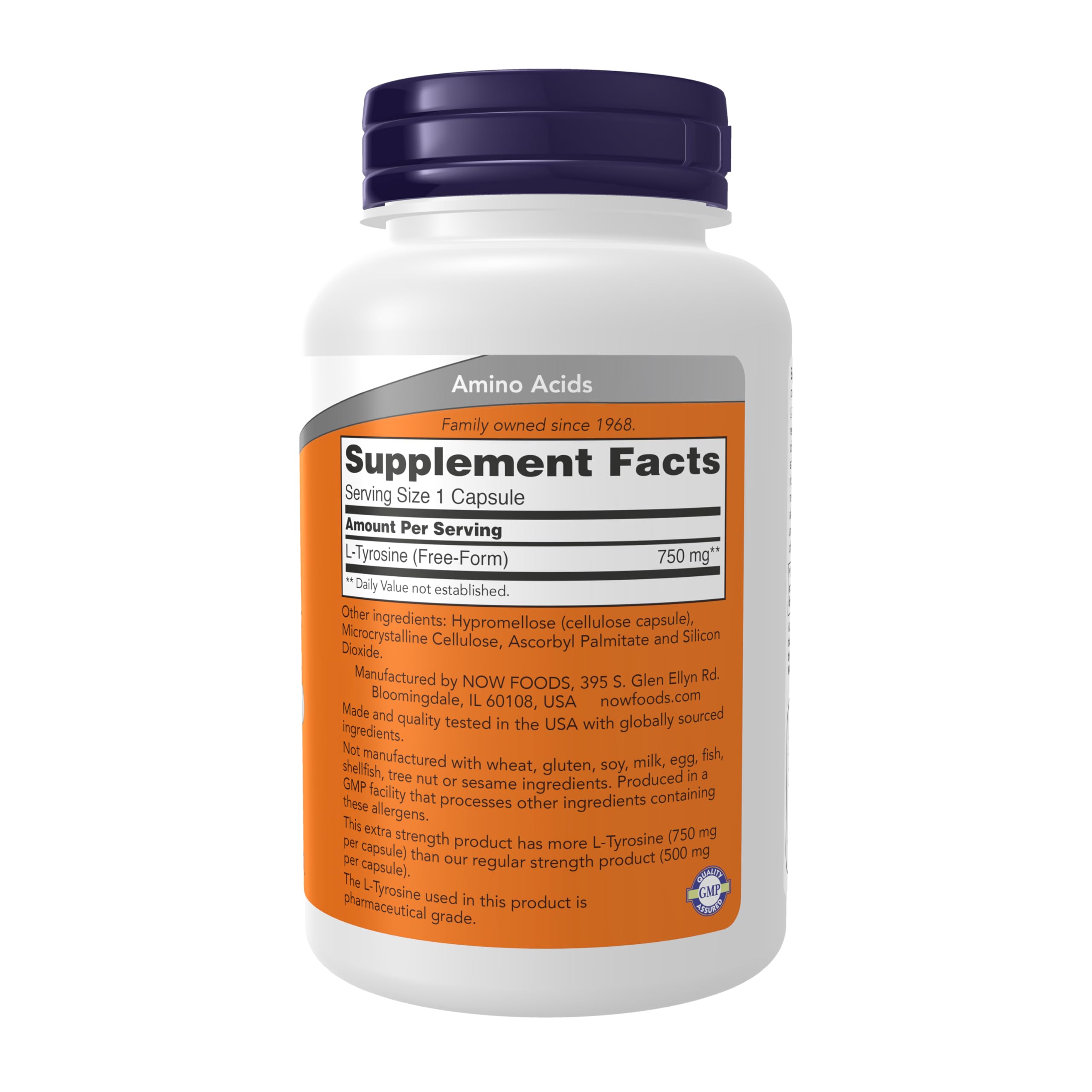 NOW Foods L-Tyrosine 750 mg – capsules véganes, format pratique