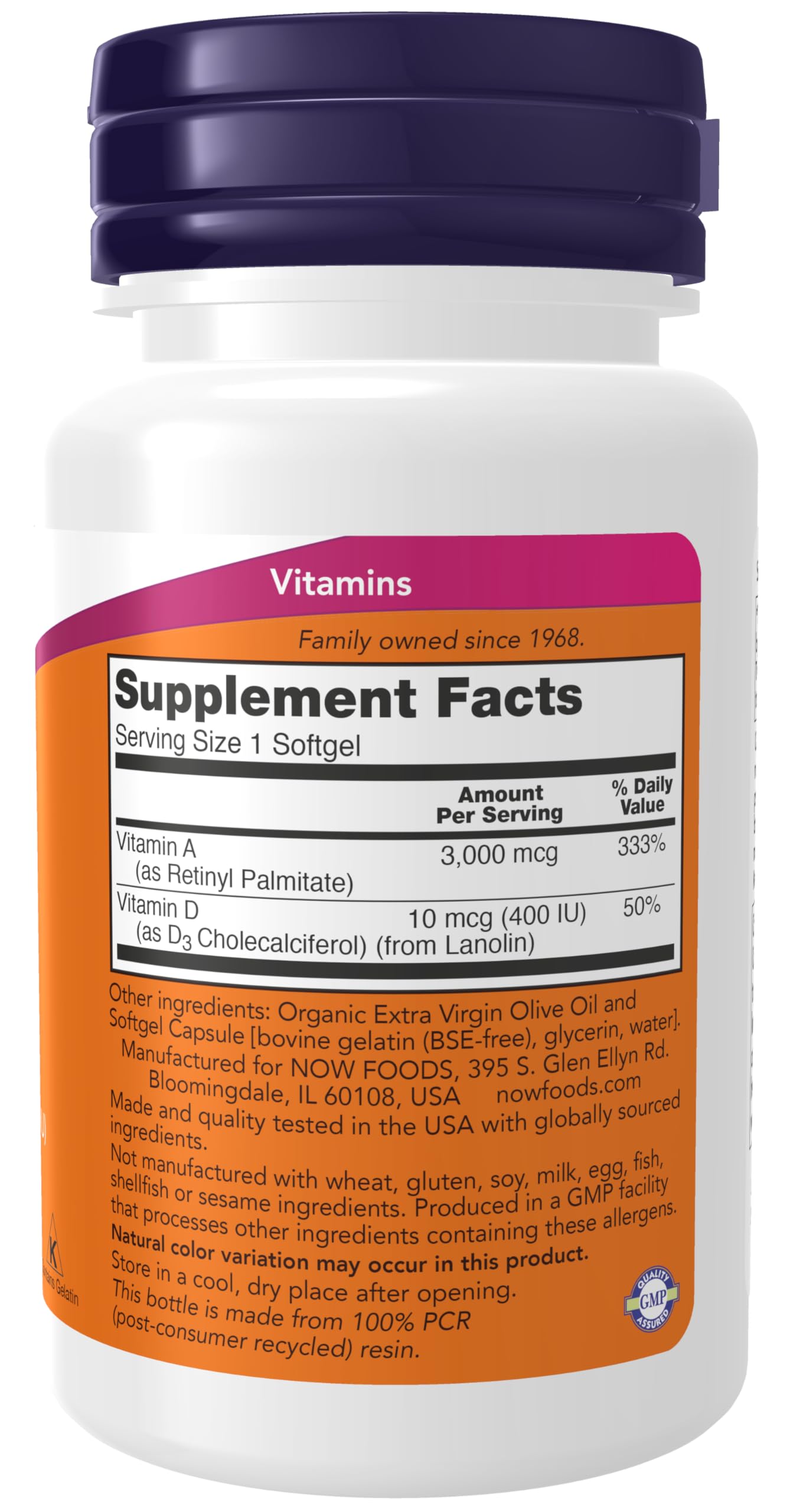 Étiquette NOW Foods Vitamine A et D avec indications de dosage
