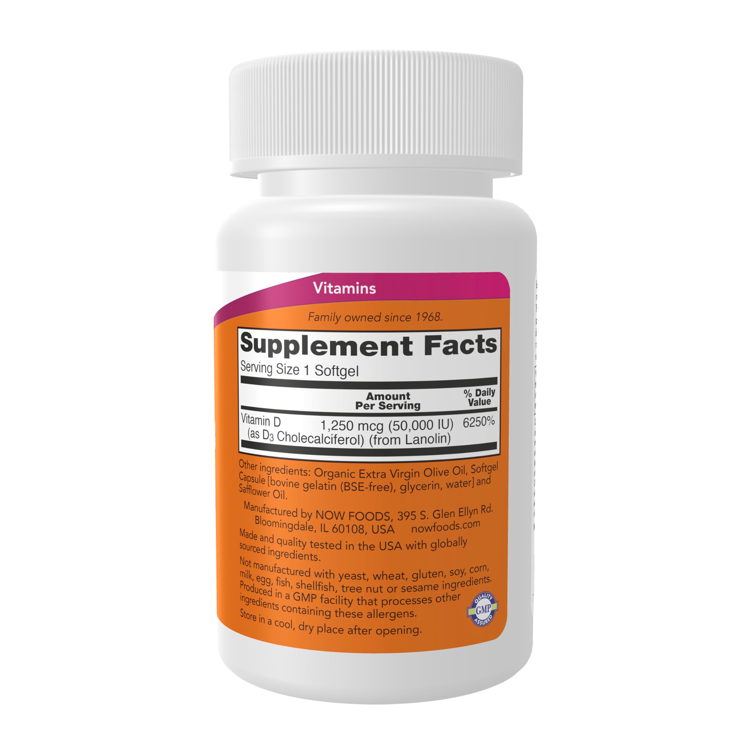 NOW Foods Vitamine D-3 50 000 UI – capsules molles près de l'etiquette, soutien au sistem immunitaire