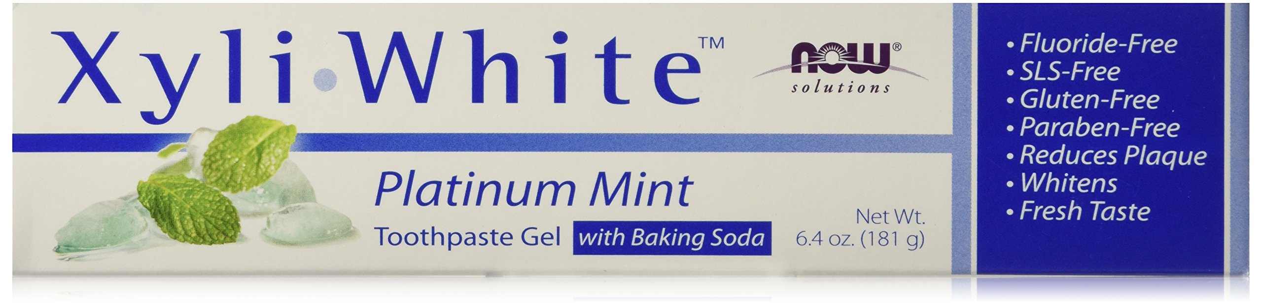 NOW Foods XyliWhite dentifrice bicarbonate de soude, tube menthe platine et haleine fraîche.