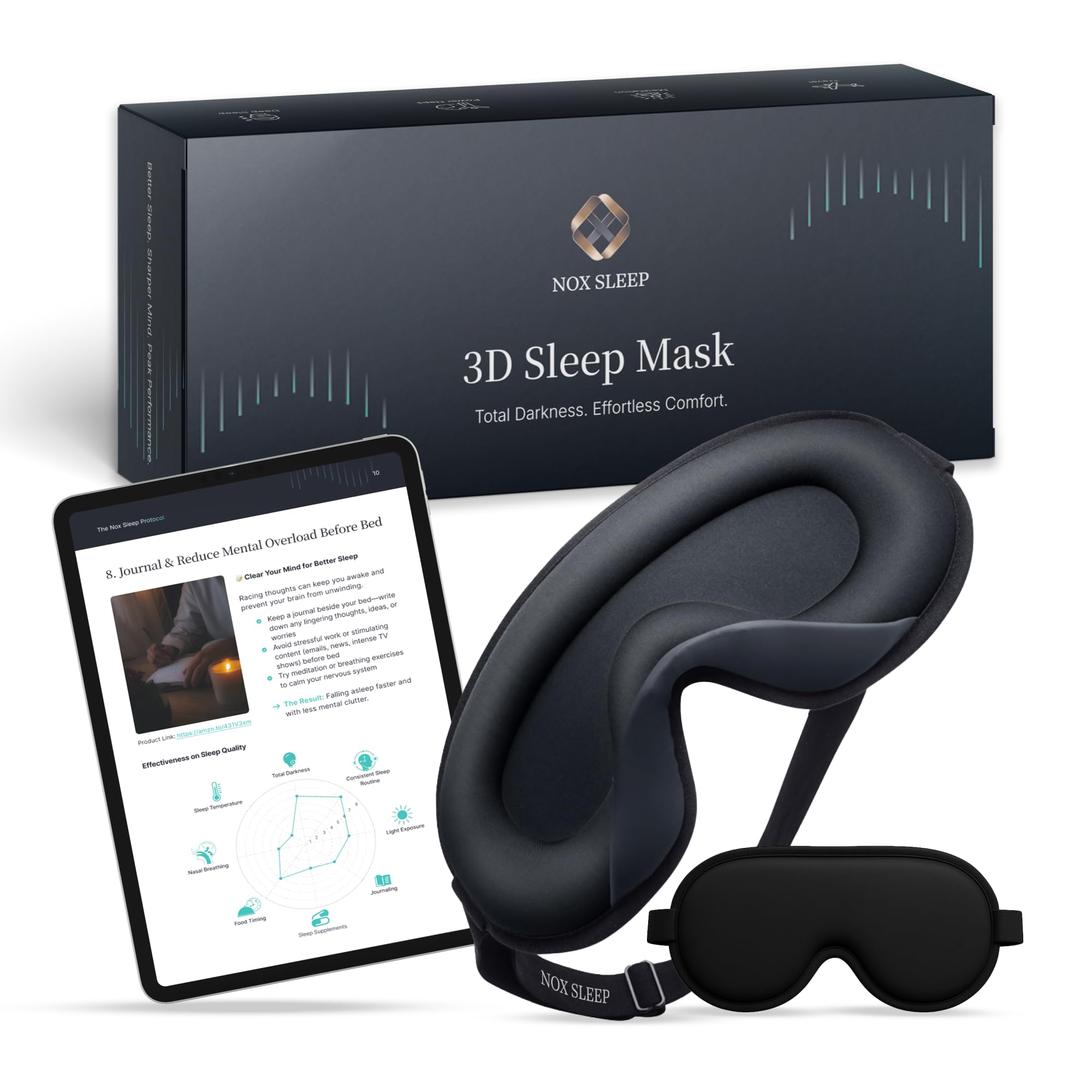 NOX SLEEP masque yeux 3D noir, obscurité parfaite pour voyager et dormir.