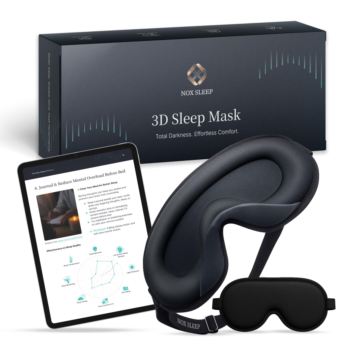 NOX SLEEP masque yeux 3D noir, obscurité parfaite pour voyager et dormir.
