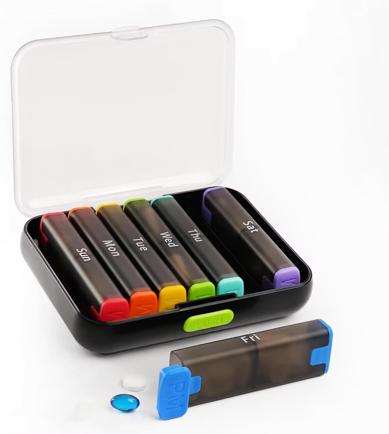 N&S Store organiseur pilules 7 jours — boîte noire pour rangement pratique.