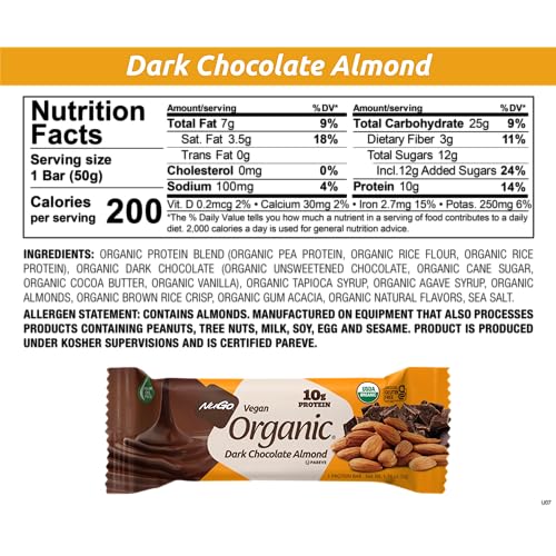 Barre NuGo Bio chocolat noir, 10 g protéine végétale pour énergie durable.