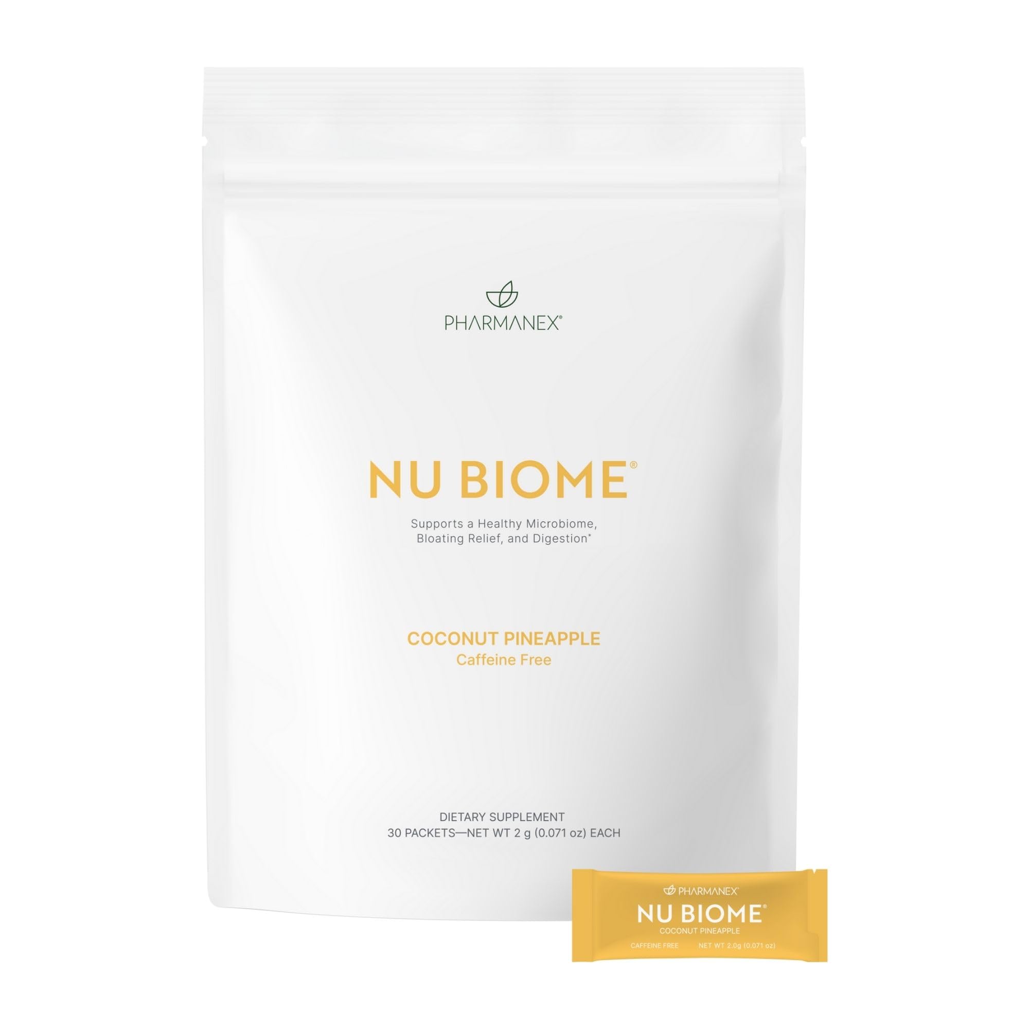 Nu Skin Nu Biome – bouteille coco-ananas, goût tropical sans caféine.