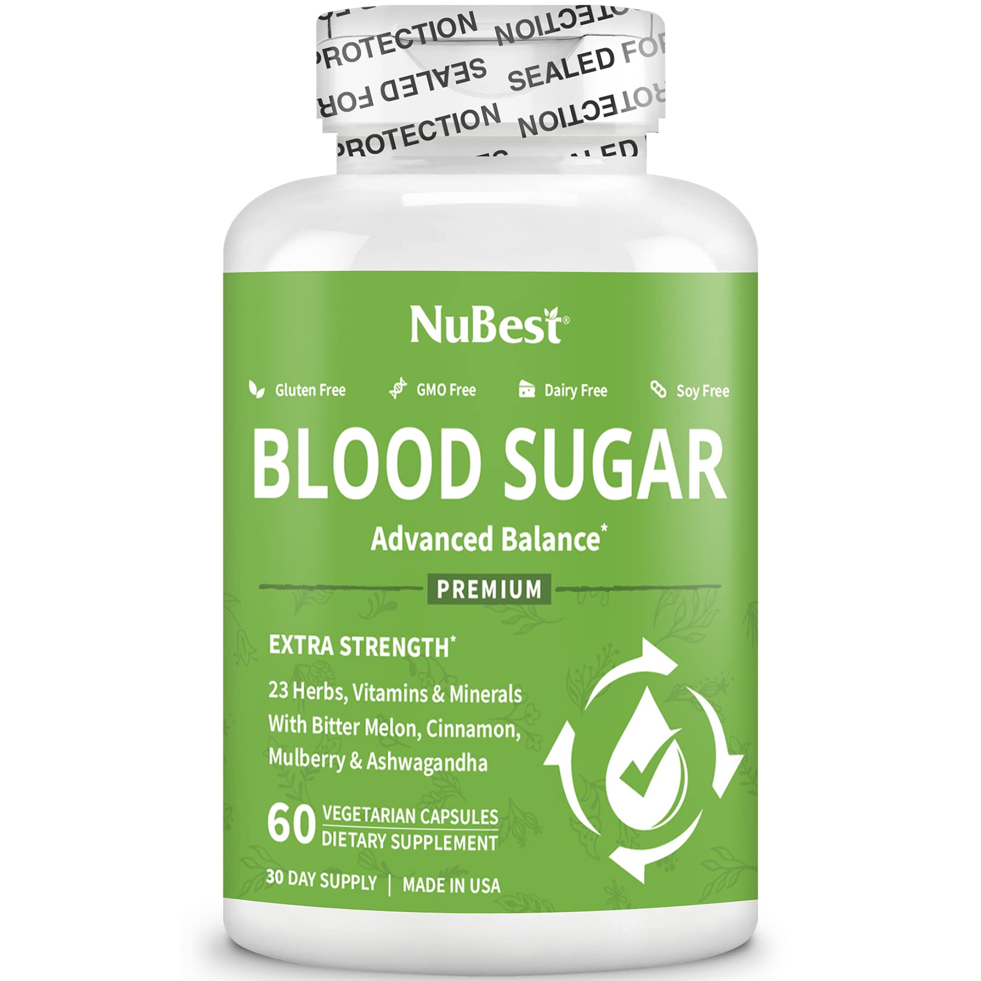 Étiquette de NuBest Sucres Sanguins avec informations claires sur la bouteille.