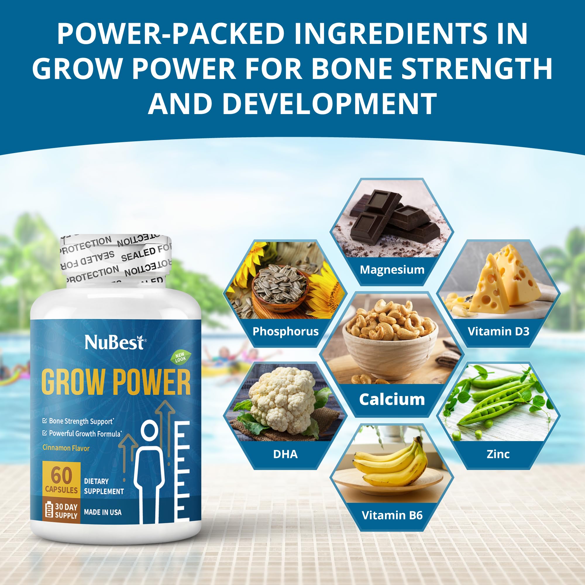 NuBest Grow Power: capsules blanches faciles à prendre pour le quotidien.