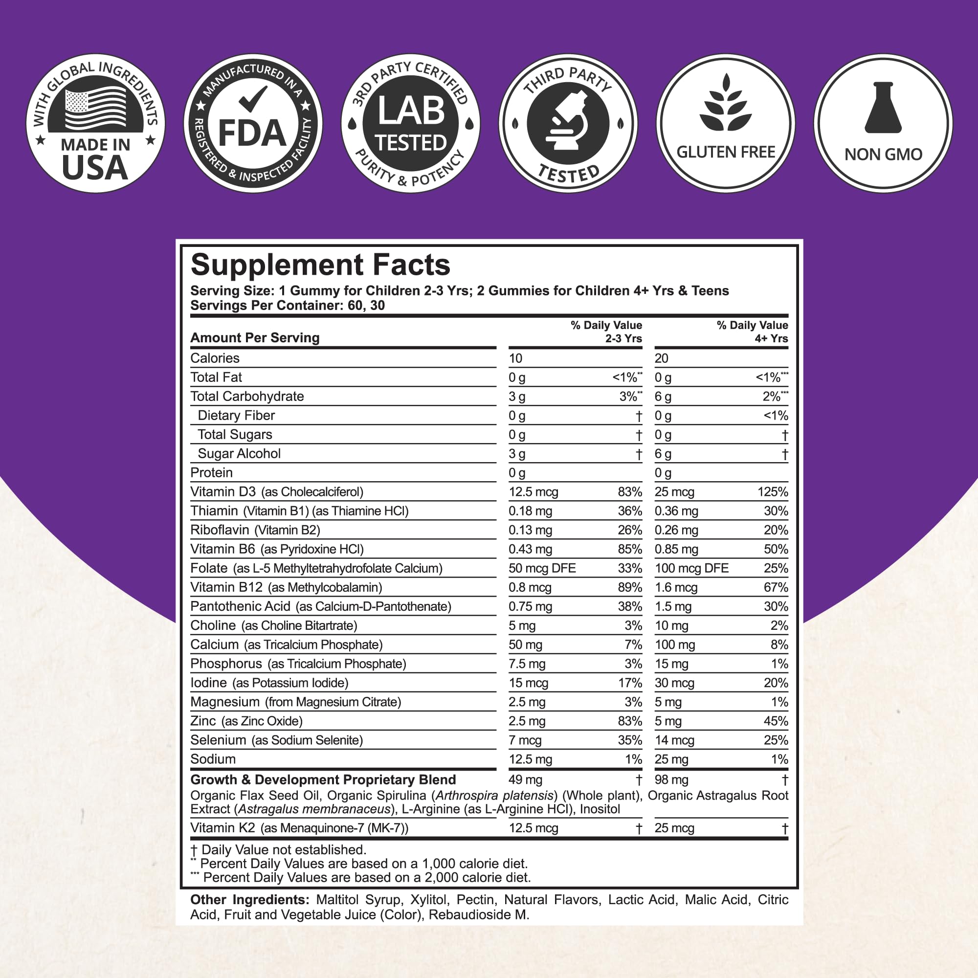 Étiquette montrant calcium, D3 et K2 pour soutenir les besoins nutritionnels