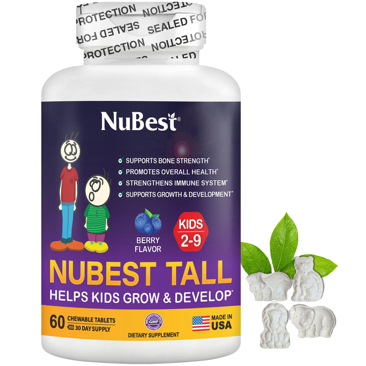 NuBest Tall Kids, boîte 60 comprimés fruits rouges, soutient croissance et énergie des enfants.