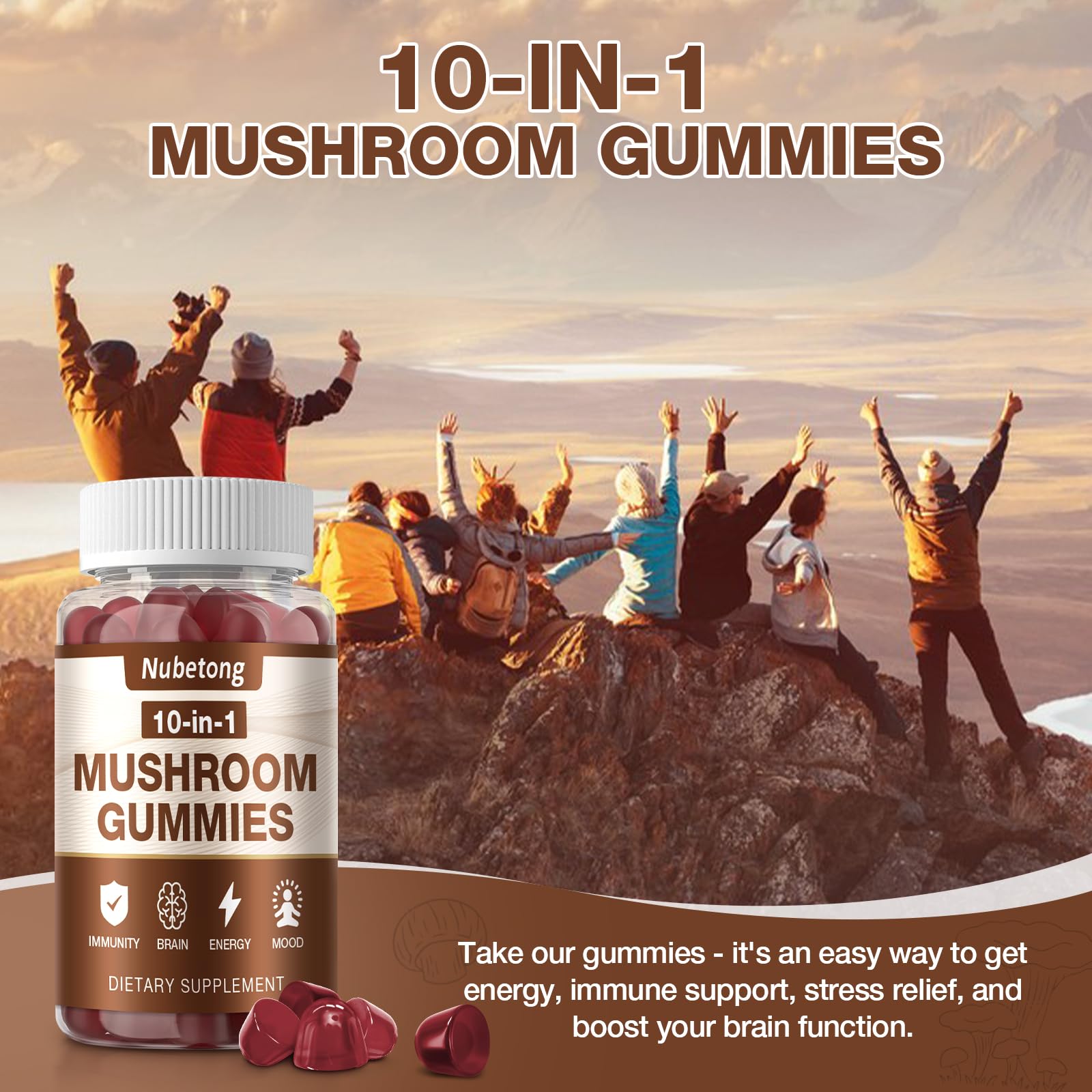 Gummies Nubetong champignons montrant les principaux champignons du mélange.