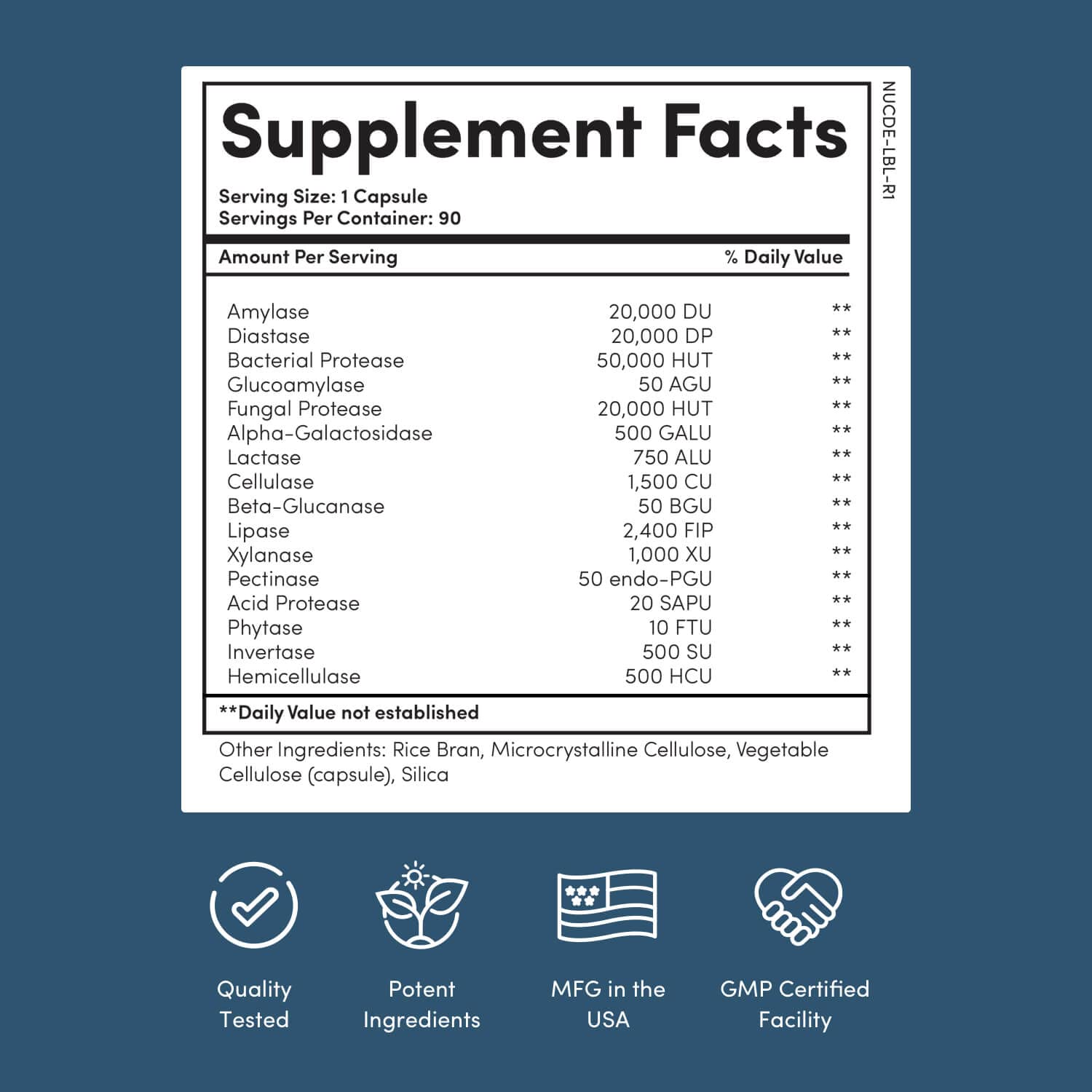 Nucific Digestive Enzyme: capsules pleines, soutien potentiel à l’assimilation des nutriments après les repas.