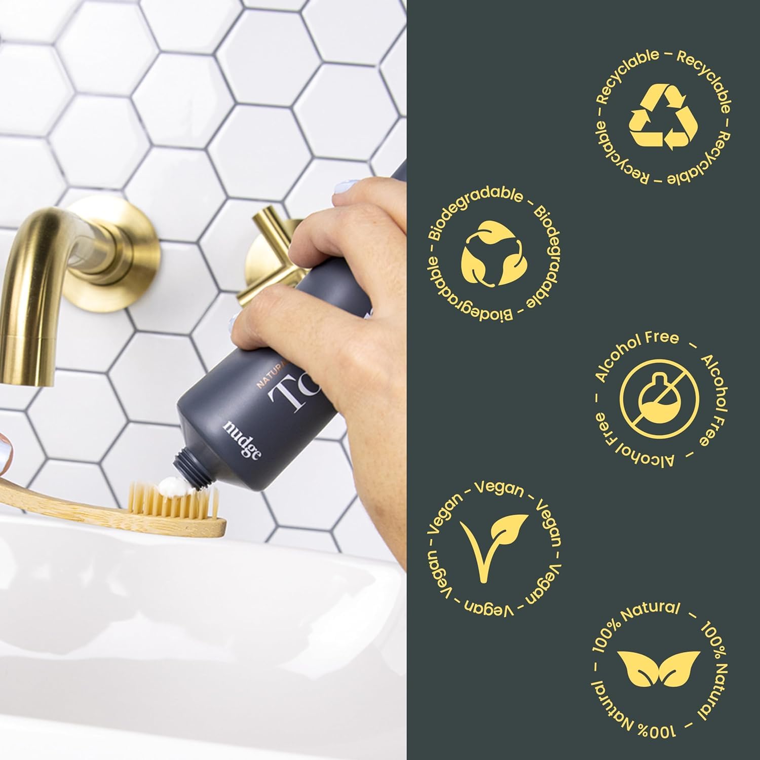 Nudge dentifrice sans fluor et sans SLS, composition claire sur l’emballage.