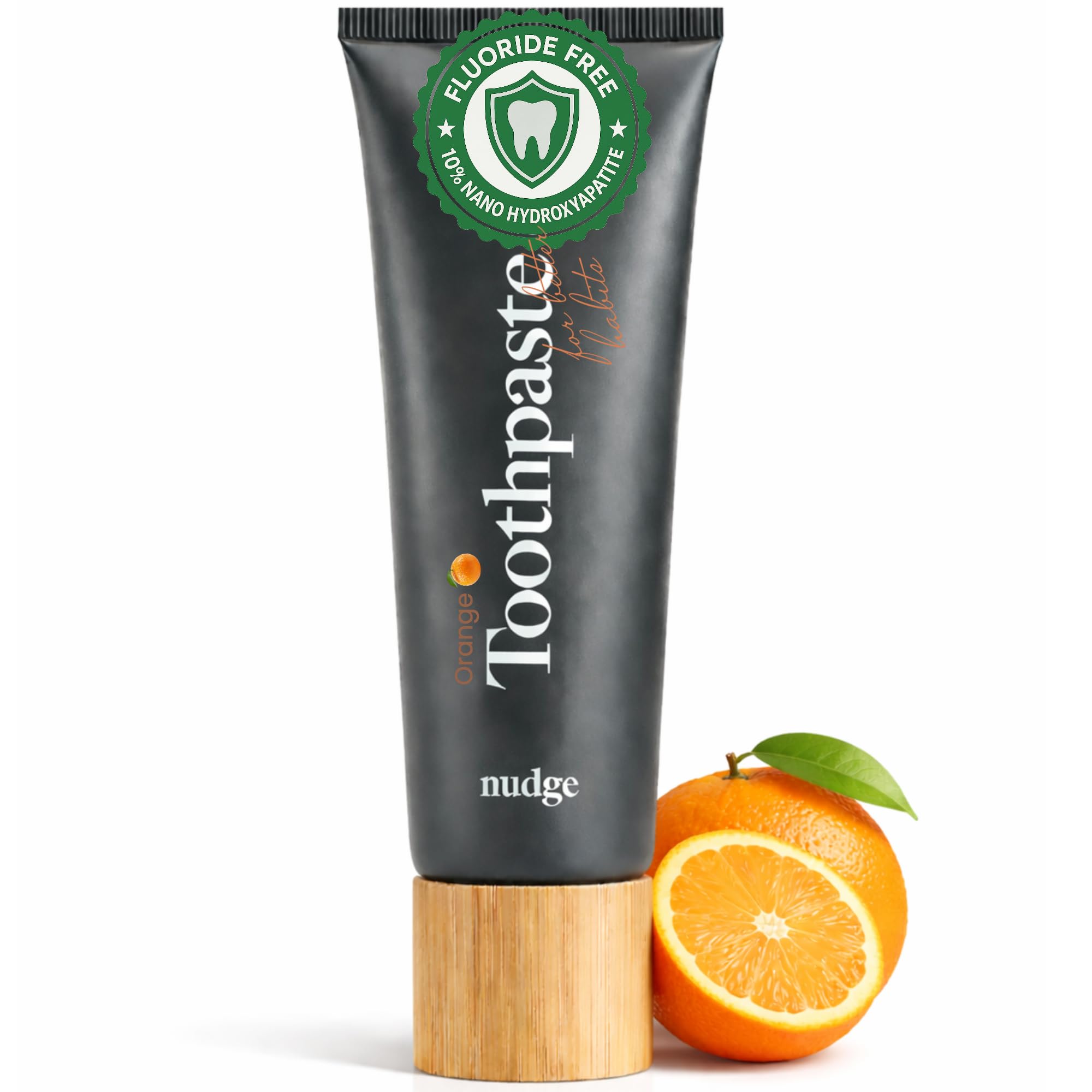 Nudge dentifrice orange avec 10% nano-hydroxyapatite sur emballage moderne
