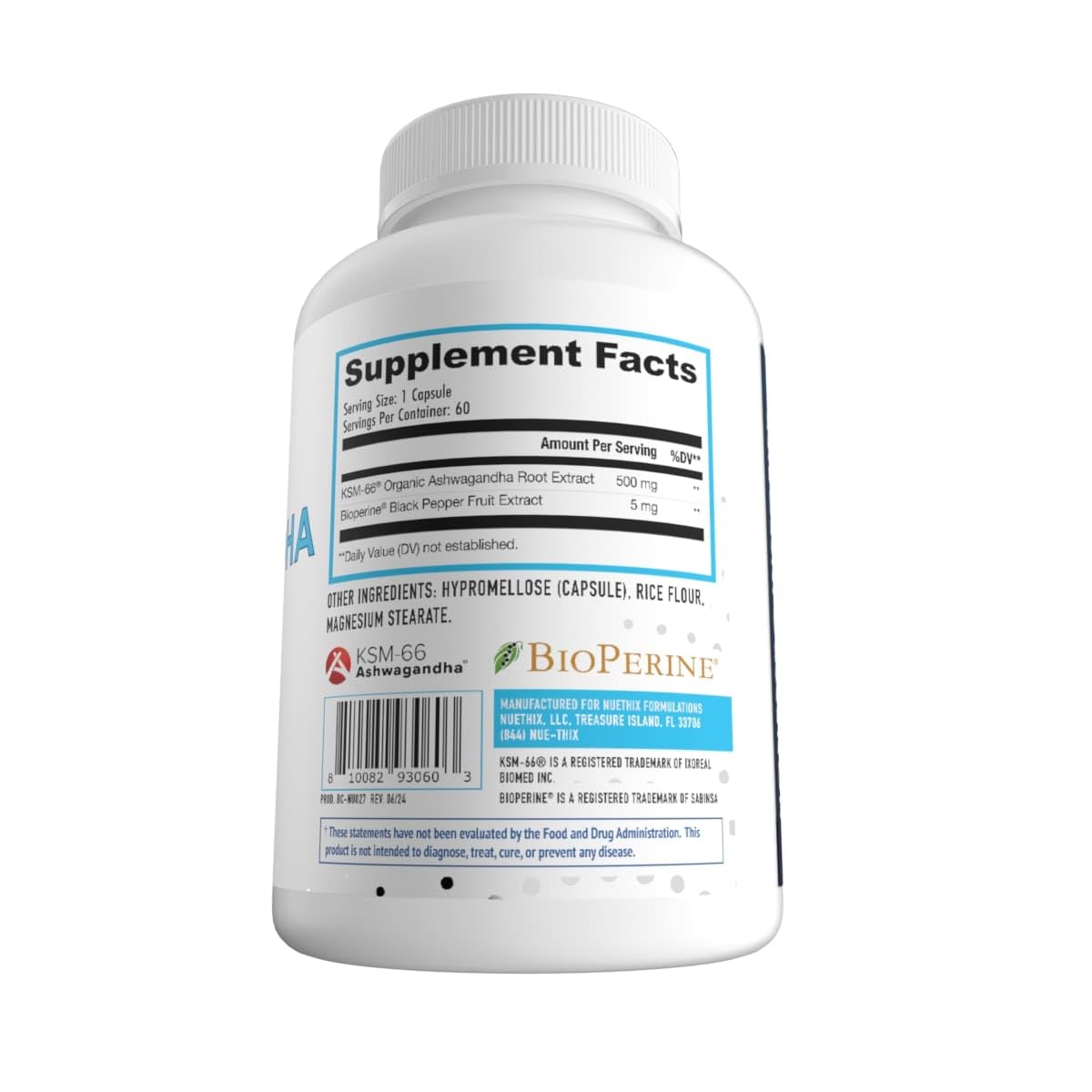 Boîte NuEthix Ashwagandha KSM 66 – 60 gélules pour une routine quotidienne.