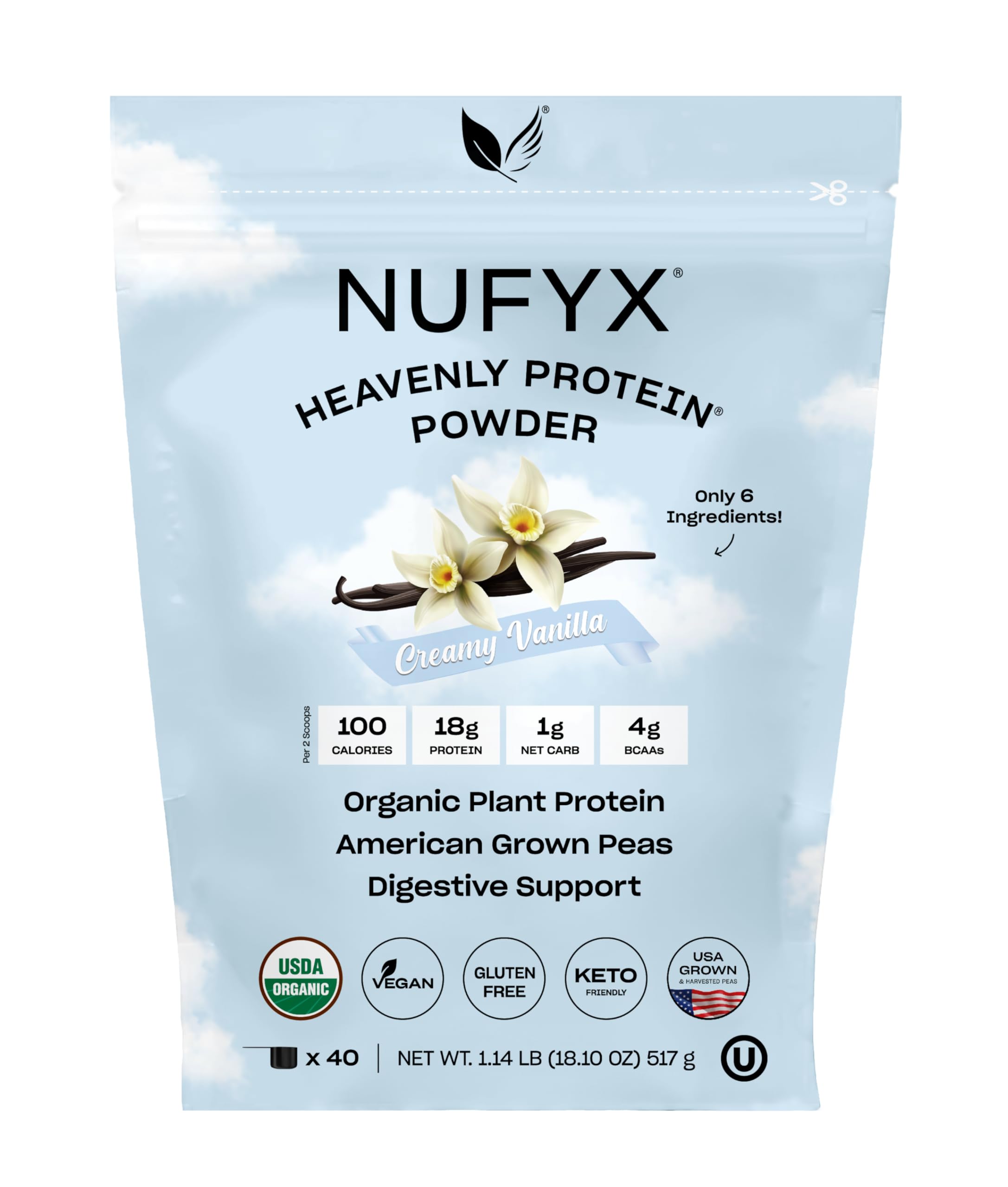 NUFYX Heavenly Protein en emballage vanille crème, prêt pour un petit-déjeuner rapide et protéiné.